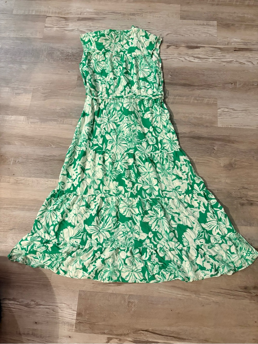 Zara Green Floral Tropical Tiered Maxi Dress Size Small Sleeveless Belted